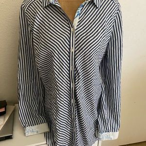 Chico's Blue and White Striped Blouse button up floral back design